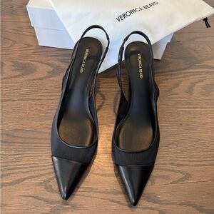 Black Veronica Beard Liliana leather and mesh slingback kitten heel pumps